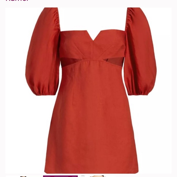 RUMER NWT Freya Cut Out Mini Dress Linen Puffed Sleeves Tuscany Red M - Picture 2 of 11